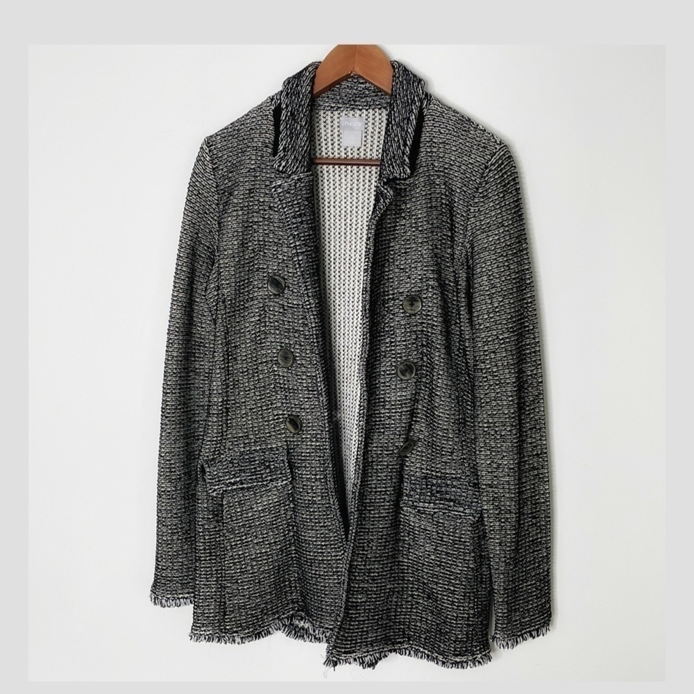 Chicos Blazer Jacket Shacket Long Line Black White Frayed Hem Button Front Sz 0 - Picture 2 of 12